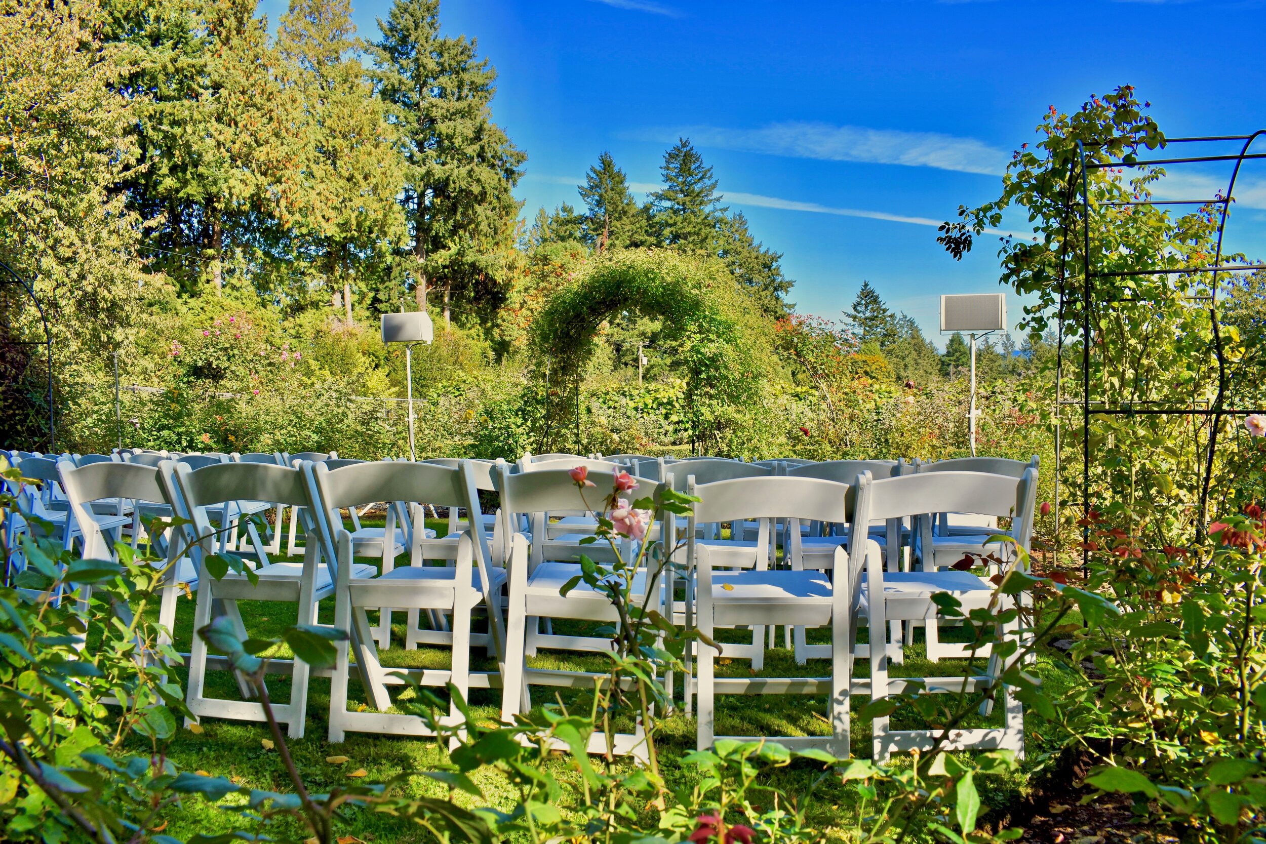 Wedding Ceremony at Starling Lane Vineyard in a Rose Garden.  Danley Sound Labs GO2-8CX Speakers, 2021