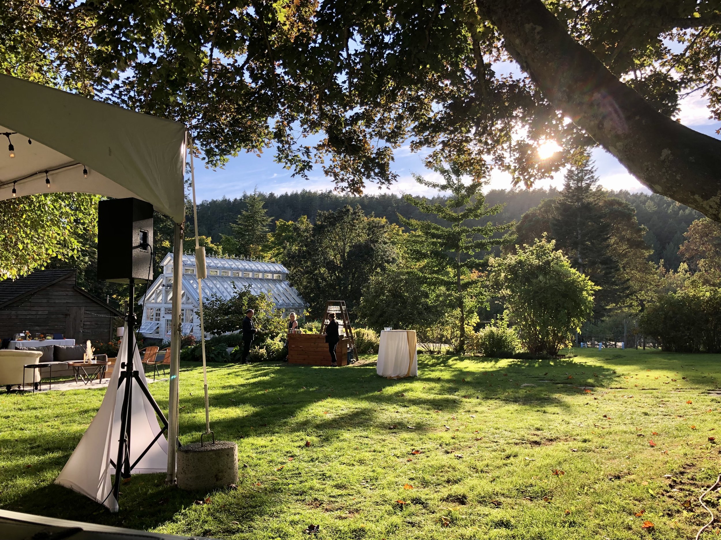  Wedding Reception at Starling Lane Vineyard. Electro-Voice SX250 Speakers with white tripod scrims, 2021 