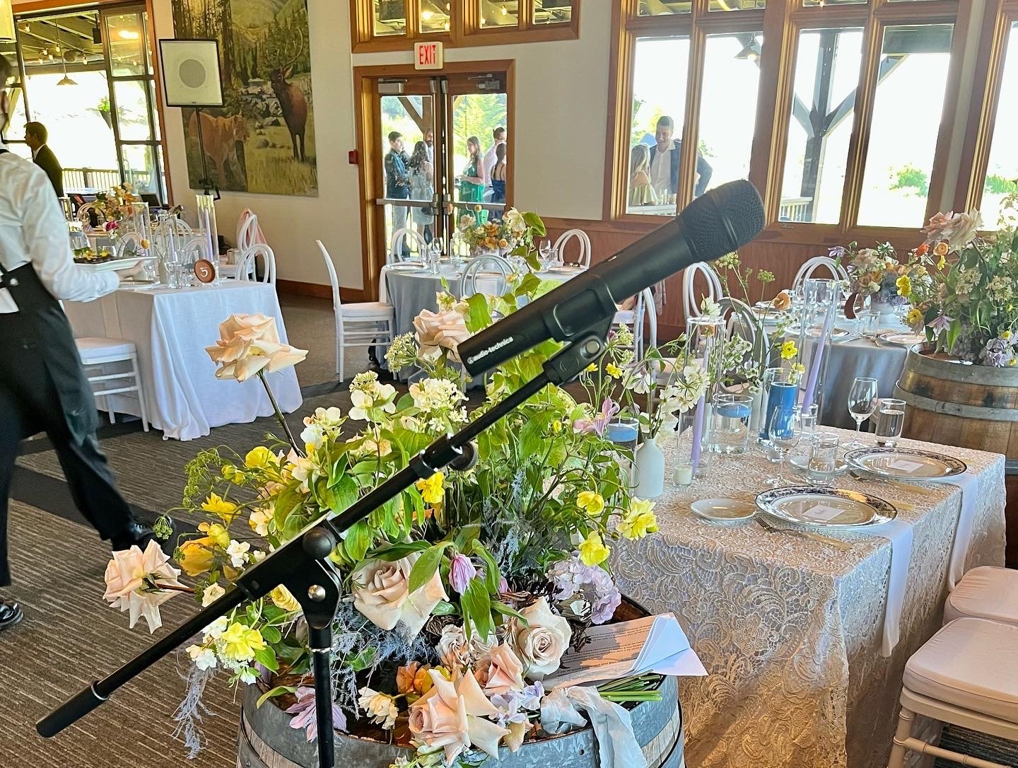 Wireless microphone set up for speeches at a private wedding reception at Church & State Wines, Victoria 2022
