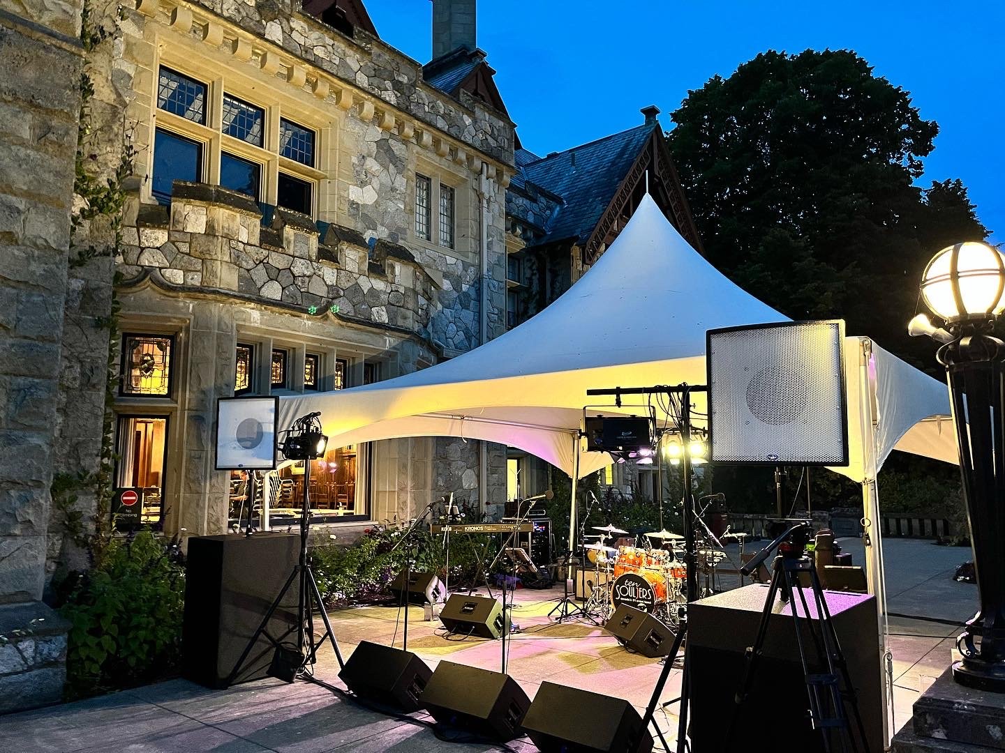 Stage set for Ten Souljers performing live at a private wedding at Hatley Castle Victoria, 2022