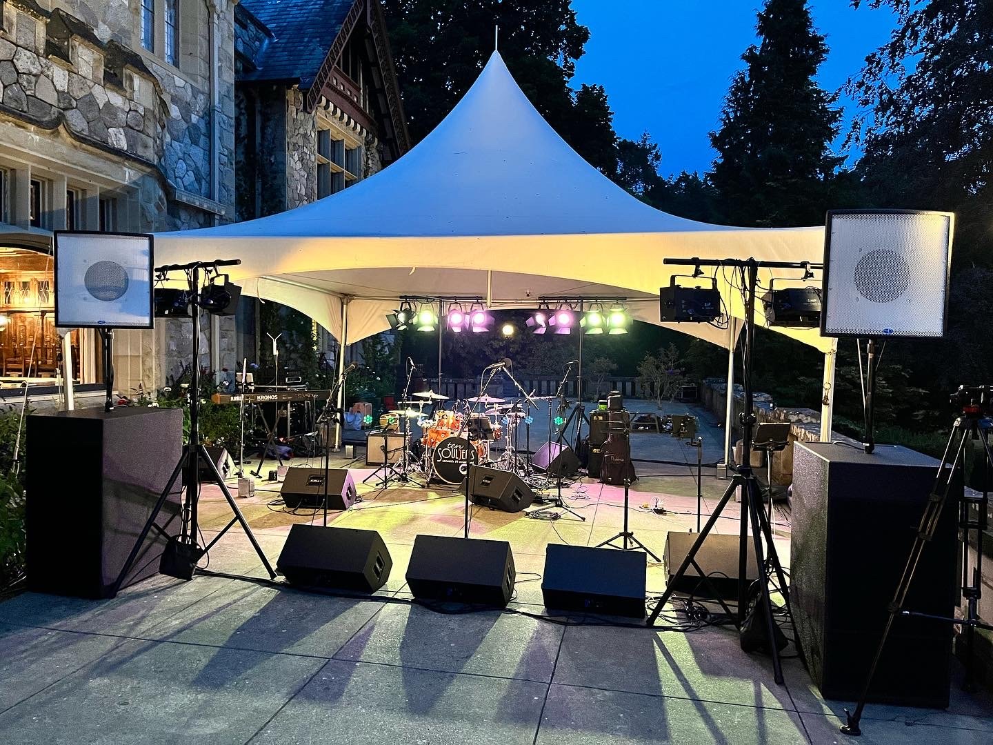 Post Soundcheck ready for Ten Souljers to perform live at Hatley Castle Victoria for a private wedding, 2022
