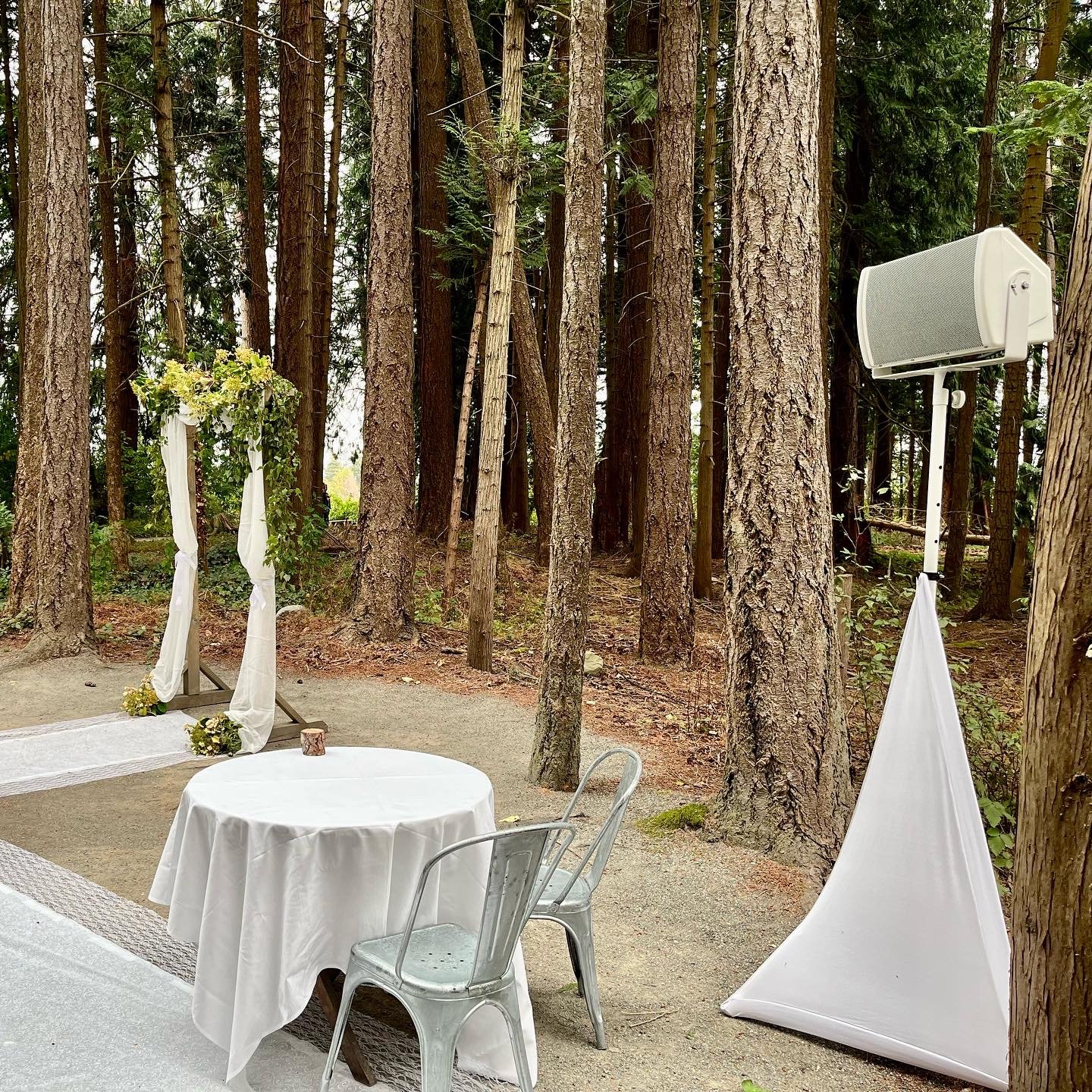 Danley Sound Labs GO2-8CX Speakers set up for a wedding ceremony in the forest at Sea Cider Farm, Saanichton 2022