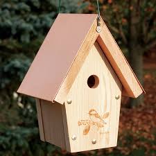 Wren House Put many wren houses up in trees, you will love their cheerful song. Remember to pick a house with a diameter no larger than 1” to prevent sparrows from nesting.