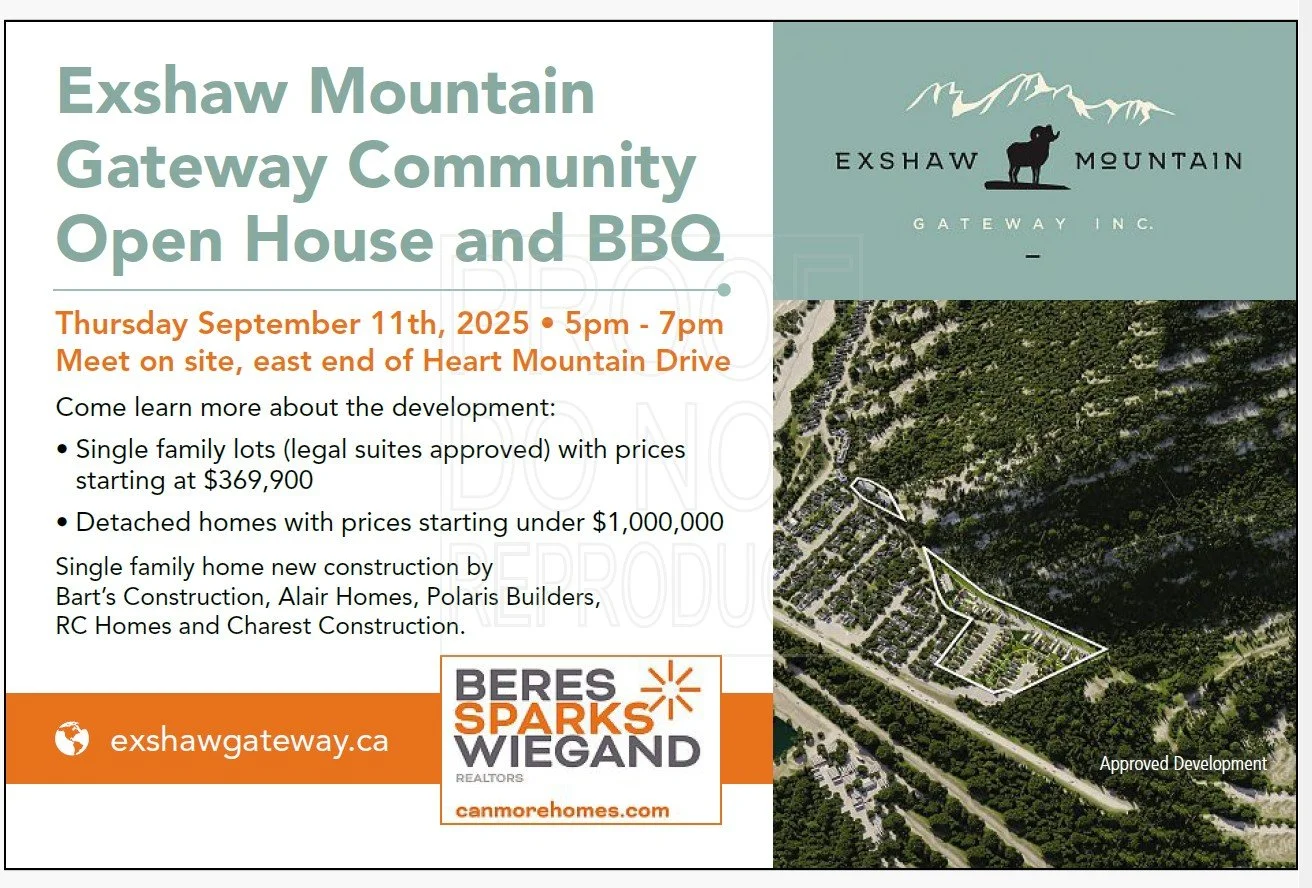 Join us next Thursday September 11 at 5:00 pm to meet Bow Valley home builders, lot buyers and the developers of Exshaw Mountain Gateway. Community BBQ and all are welcome! @canmorehomes