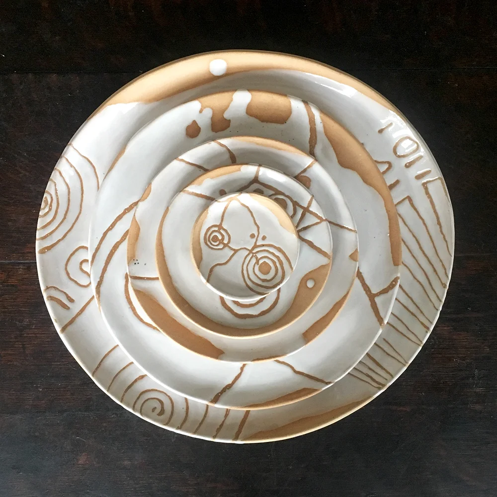 plates! charger, dinner, 7”, 5”, 3” in white on blush