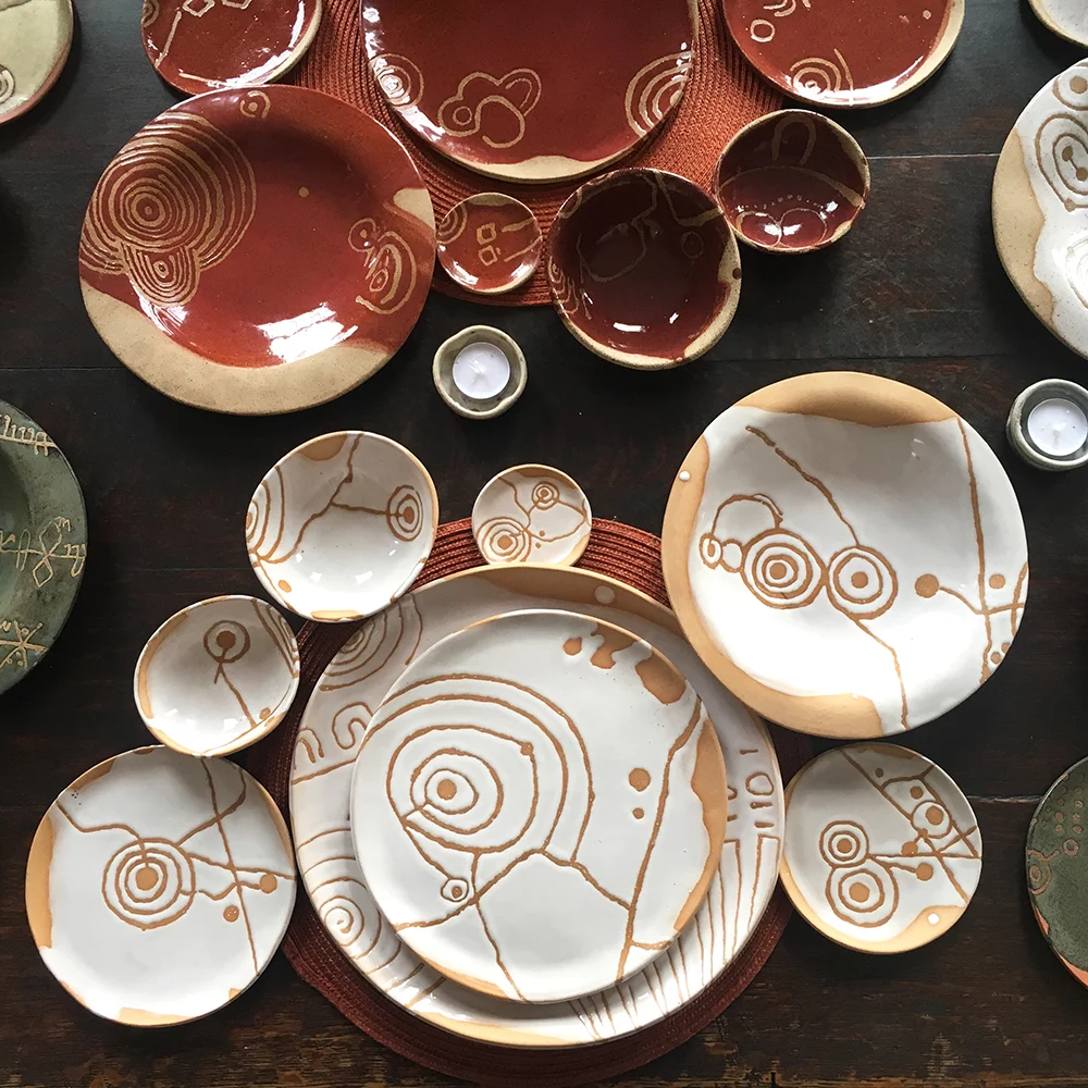place settings with charger, dinner, 7”, 5”, 3” plates, small, petit & low bowls: white and plum on blush clay
