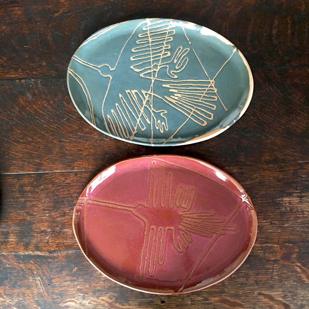  custom small plates with nazca lines (peru) in moss on blush clay &amp; plum on red clay 