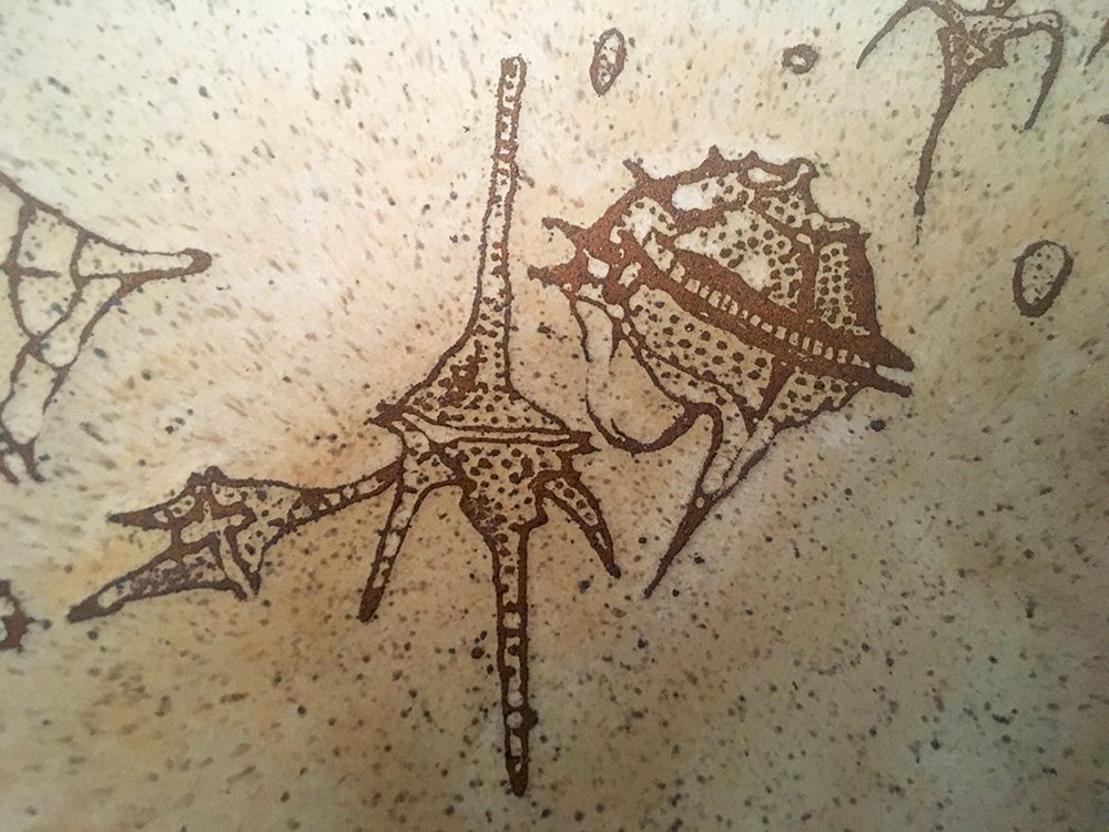  Detail of dinoflagellates on large bowl in créme brûlée on speckled clay 