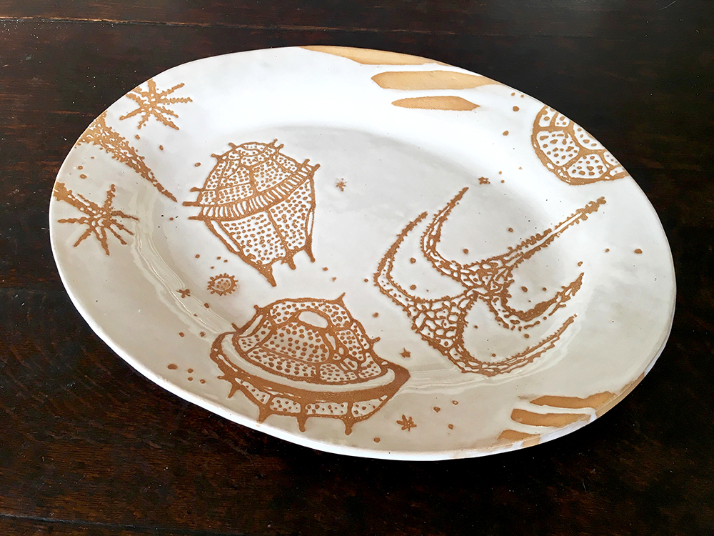  Wide-rimmed grand platter with dinoflagellates in white on blush clay 