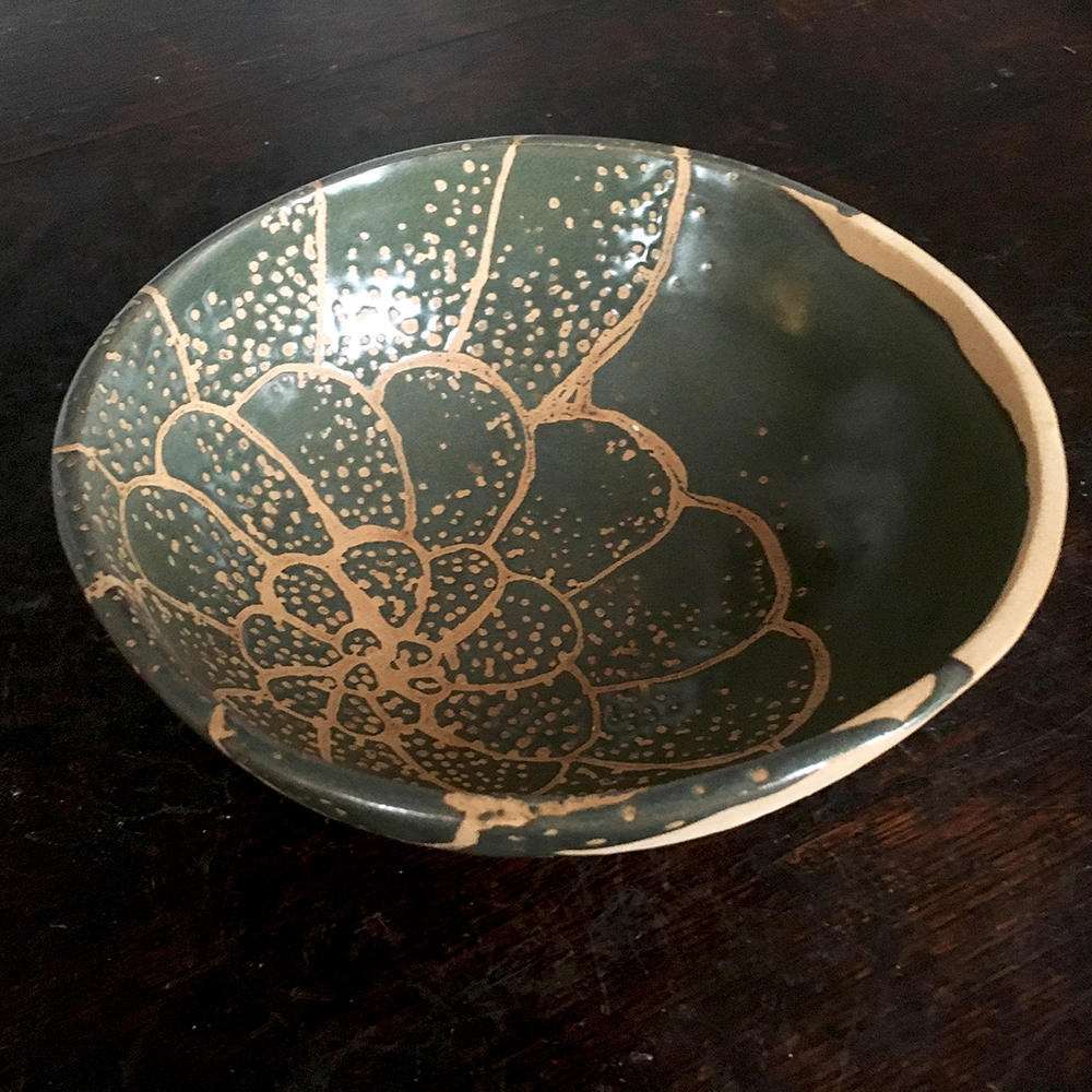  Medium bowl with colony in moss on blush clay 