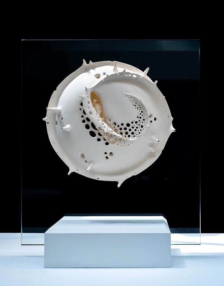   Rising, Micro Grow Shield,  full reveal, ceramic, gold leaf, glass panel, wood base,&nbsp;24.75”h x 20.5”w x 11.5”d 