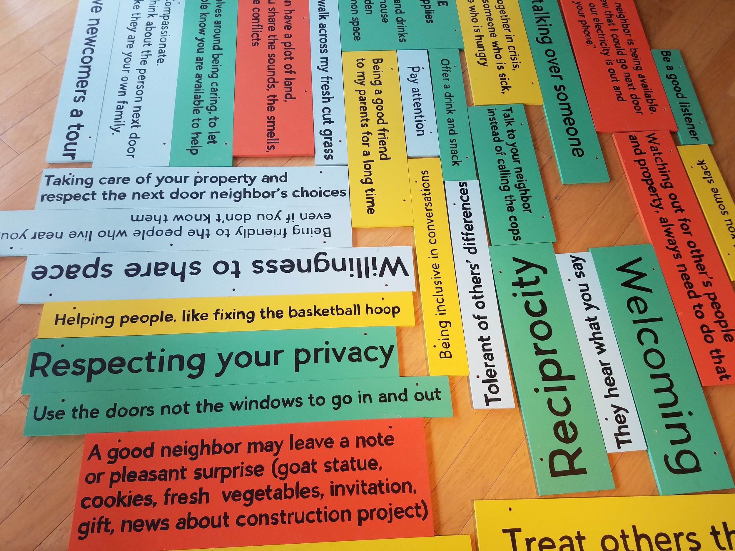 Installation view of “What Does it Mean to be a Good Neighbor”, a derivative artwork based on a previous exhibit component at University of Indianapolis.