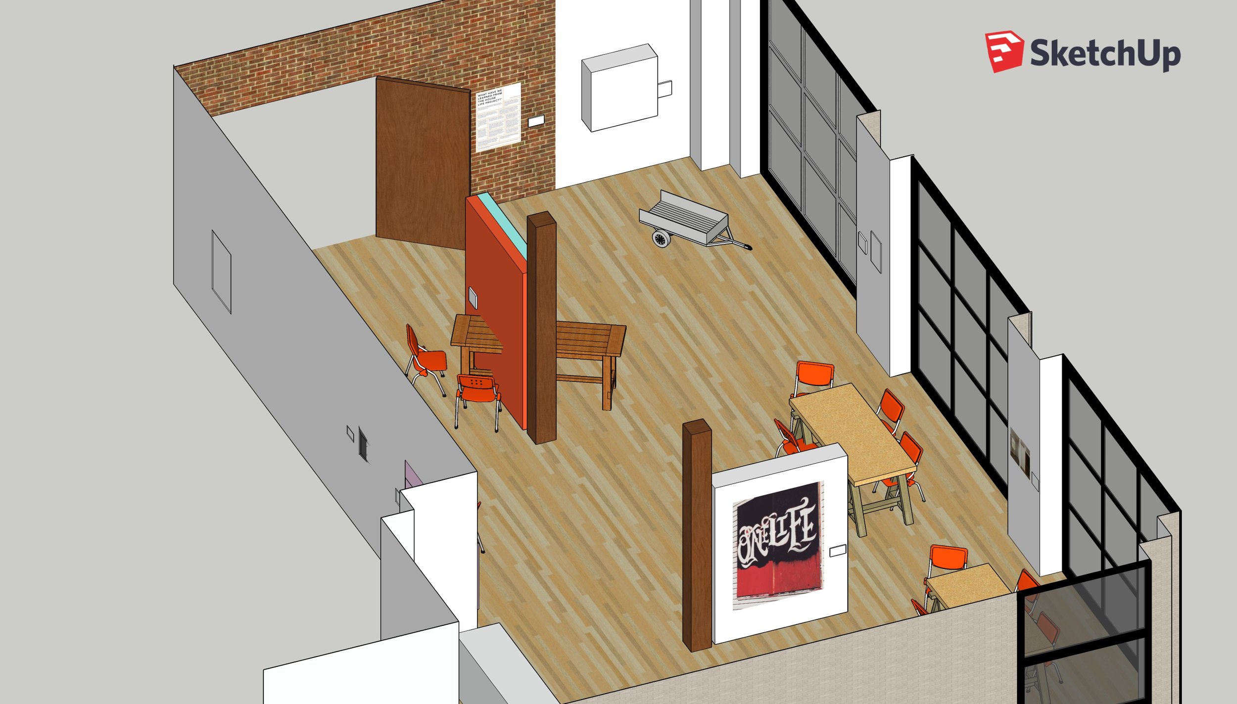 After an iterative process of designing the exhibit layout, I created a more concrete layout using Sketchup. A few minor changes happened during installation, allowing for better flow/usage of the space (and space requirements).