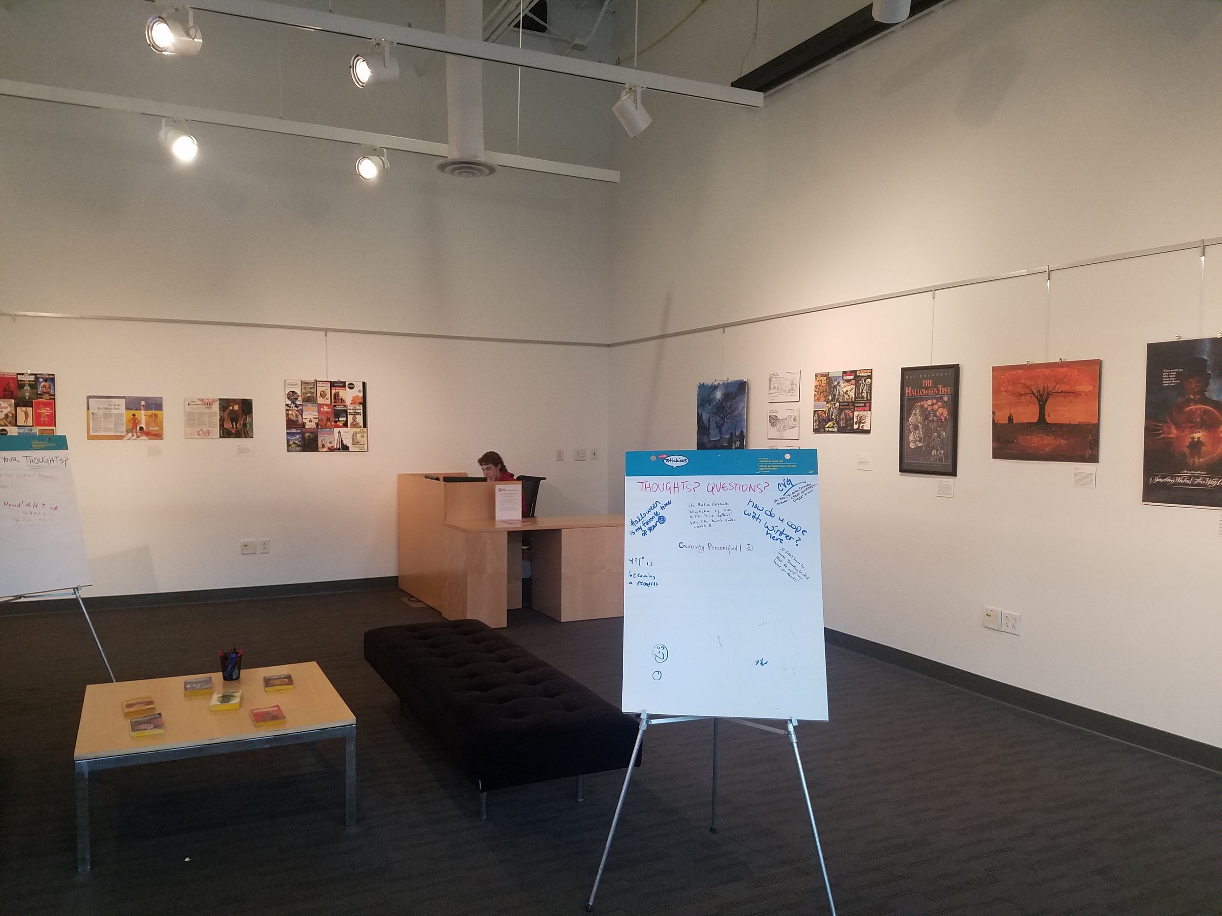 Given the centralized location of this gallery, in the Campus Center, the Center for Ray Bradbury Studies desired some opportunity for visitors to the exhibit to interact with the material. Flip charts asked visitors what their thoughts were and en