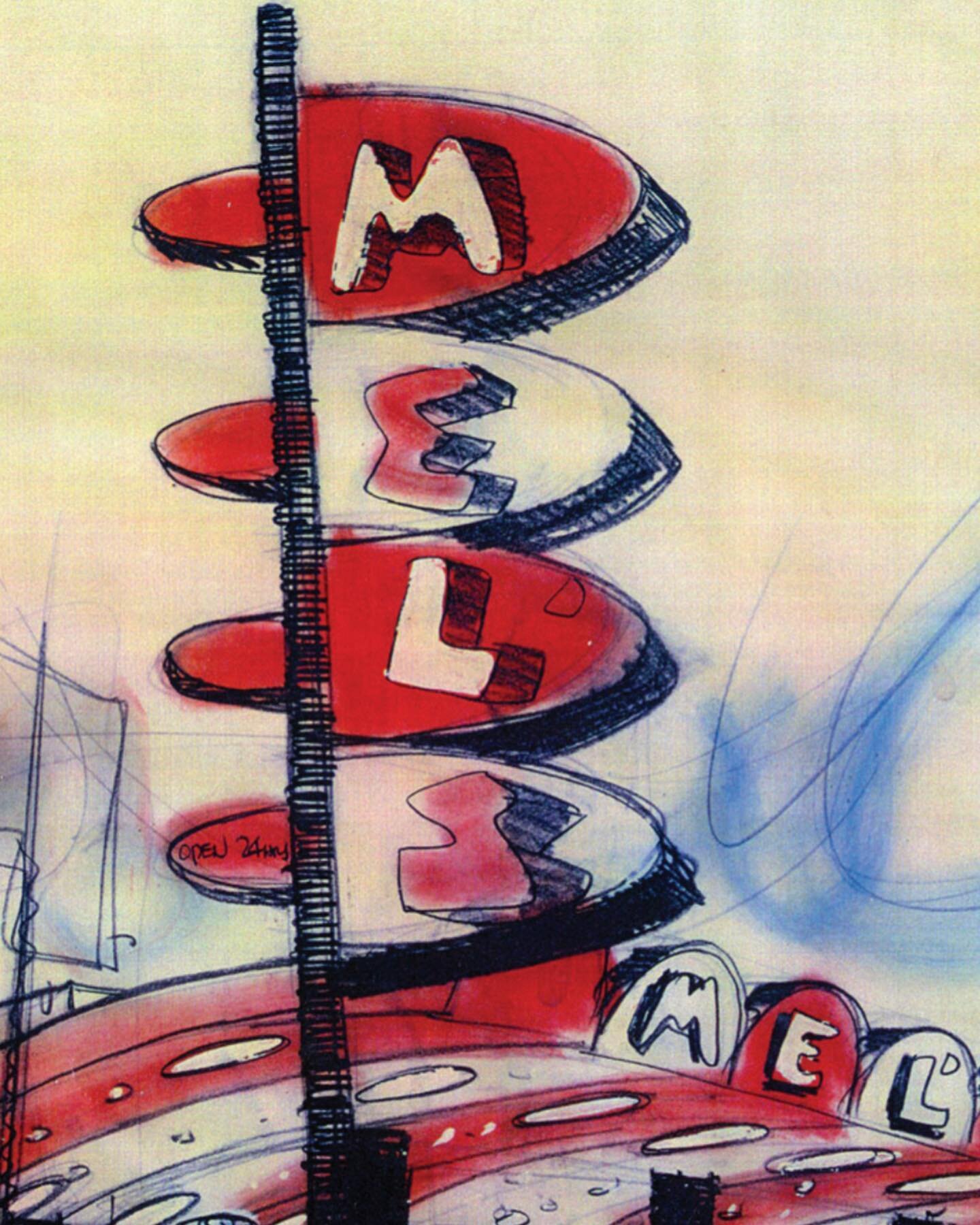 Mel's! 
Original drawing in the book, GOOGIE MODERN! LINK IN BIO.  Lee Linton drawing.
#googiearchitecture #armetanddavis #midcenturymodernarchitecture #mcm #googiemodern 
#midcenturymodern #midcenturymoderndesign 
 
#roadsideamerica #americanlandsca