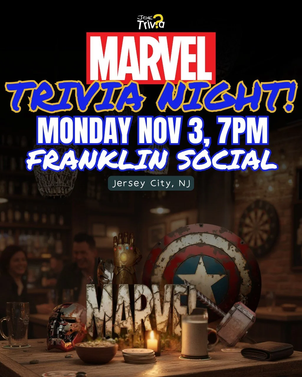 It&rsquo;s time to suit up! 💪
Join us for MARVEL Trivia Night Monday, Nov 3 at 7PM. Test your superhero smarts, claim victory for your team, and prove you&rsquo;re the ultimate MCU master.
Grab your squad and get ready for some fun! 🧠⚡️

#MarvelFan