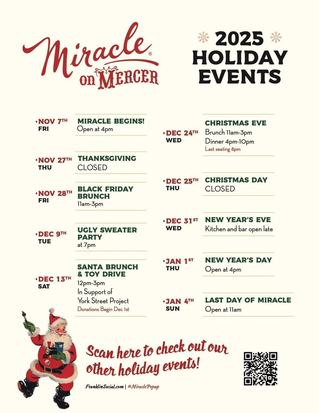 The lights are twinkling, the eggnog&rsquo;s flowing, and Miracle on Mercer is in full swing! 🎅 From Santa Brunches to Ugly Sweater Parties, we&rsquo;re bringing the holiday magic one cocktail at a time.

✨ Mark your calendars, rally your crew, and 
