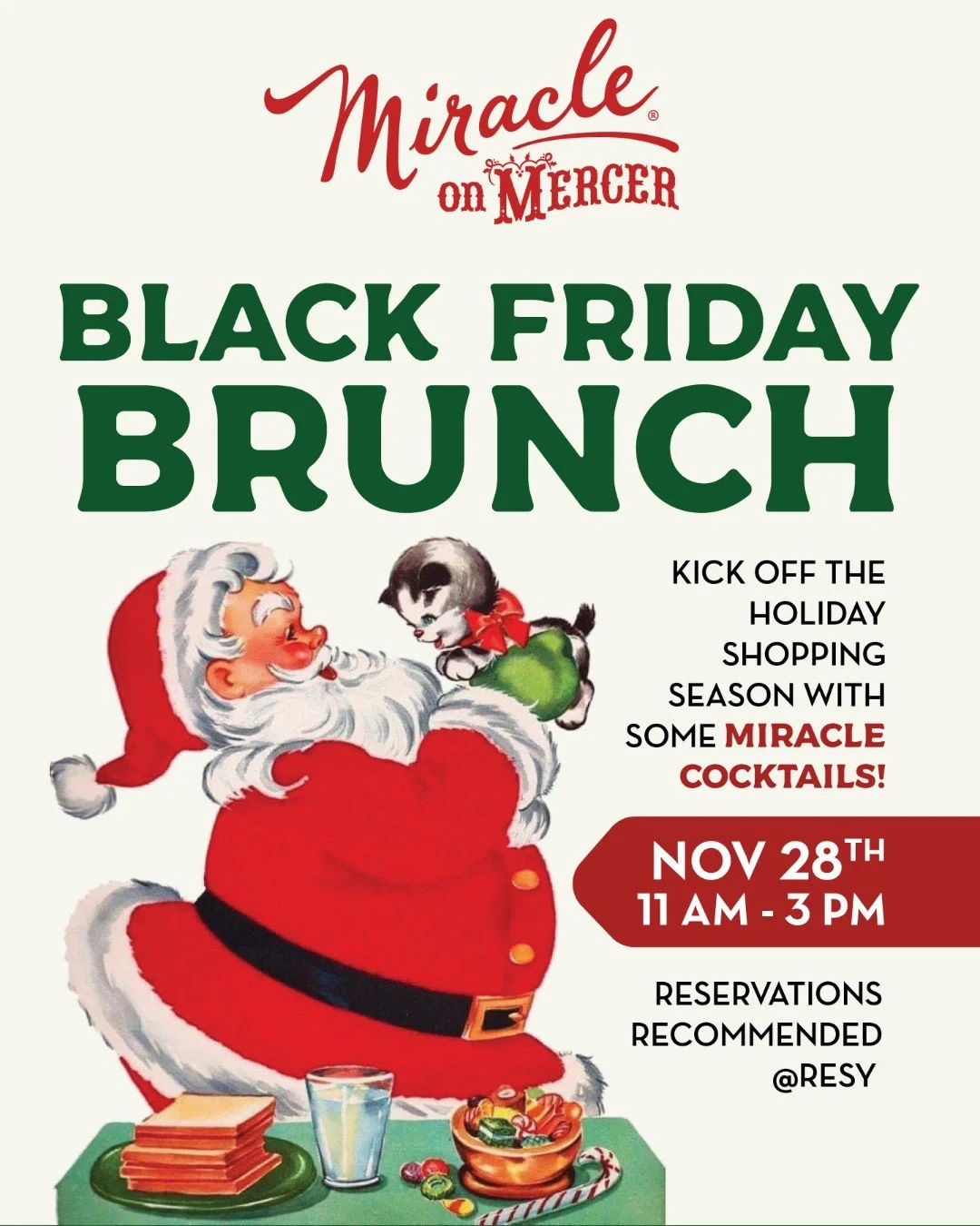 Skip the chaos and start Black Friday the fun way &mdash; with brunch and a Miracle cocktail or two. 😉✨

Join us Nov 28th from 11&ndash;3 for Black Friday Brunch at Miracle on Mercer. 
Head to Resy to secure your spot now!

#MiracleonMercer #Miracle