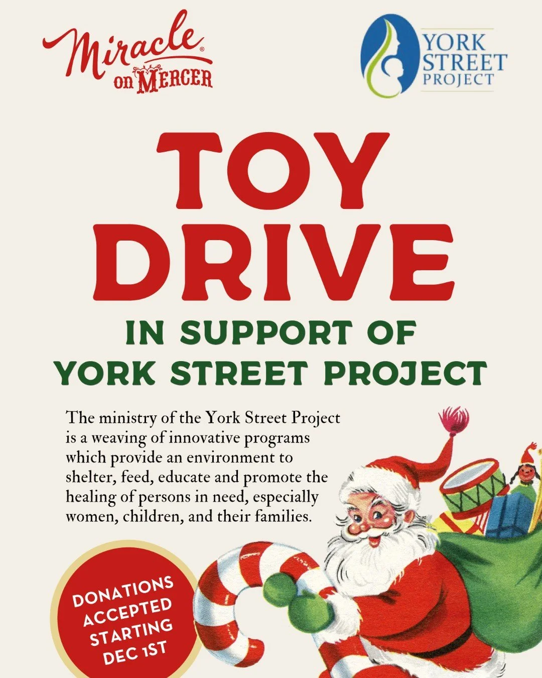 Our annual Toy Drive in support of the York Street Project begins today, December 1st and runs through the 15th. We&rsquo;ll be collecting new, unwrapped toys to help bring a little comfort and joy to women, children, and families in need this holida