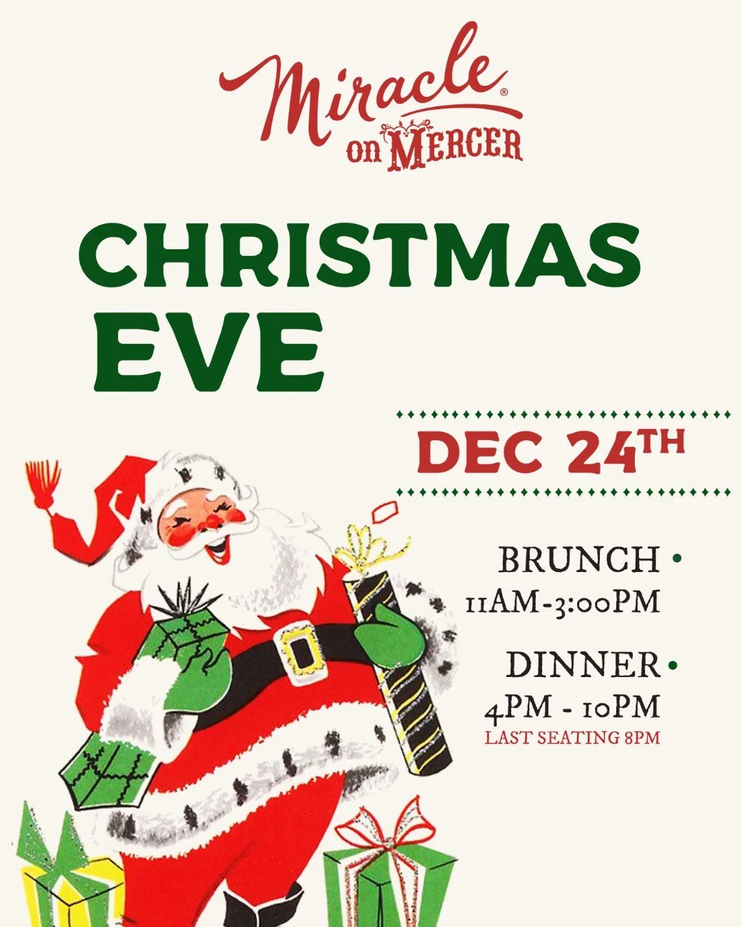 Santa&rsquo;s making a quick stop at Miracle on Mercer before his big night&hellip; and you&rsquo;re invited. 🎅🎁✨
Celebrate Christmas Eve with us. Holiday cocktails flowing, twinkle lights glowing, and the coziest vibes in Jersey City.

Brunch 11AM
