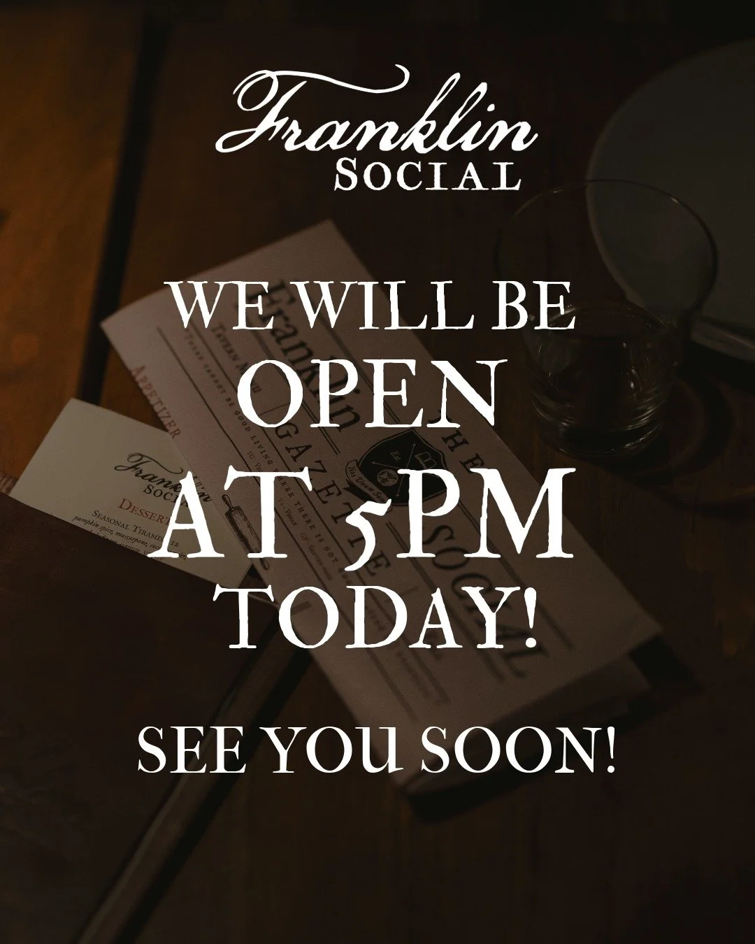Delayed opening at 5pm today! 
See you soon!!