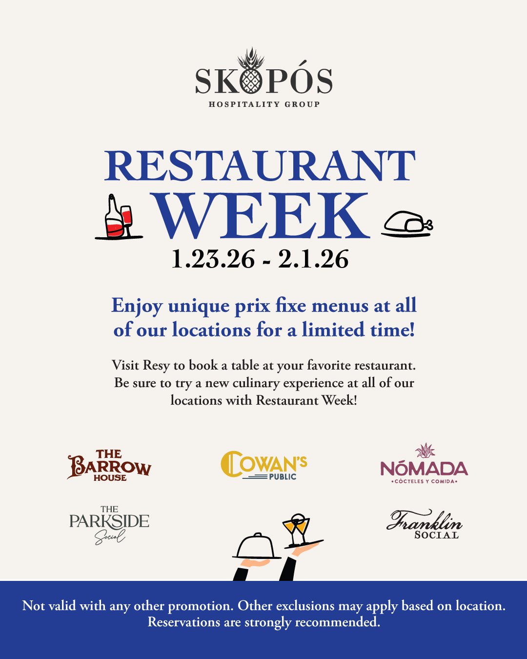 Restaurant Week starts today. Join us January 23 &ndash; February 1 for exclusive prix fixe menus at all of our locations featuring your choice of one appetizer, one entr&eacute;e, and one dessert from our curated selections. Dinner prix fixe menus a