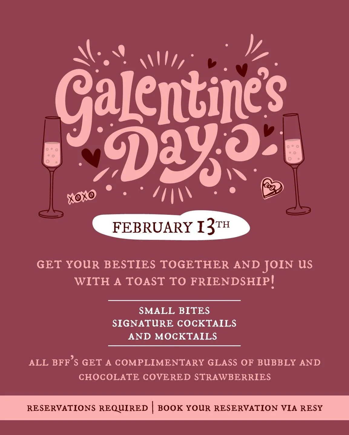 Gather your girls and toast to friendship 🥂💕

Celebrate Galentine&rsquo;s Day at Franklin Social on February 13th with small bites, signature cocktails &amp; mocktails. All besties receive a complimentary glass of prosecco and chocolate-covered str