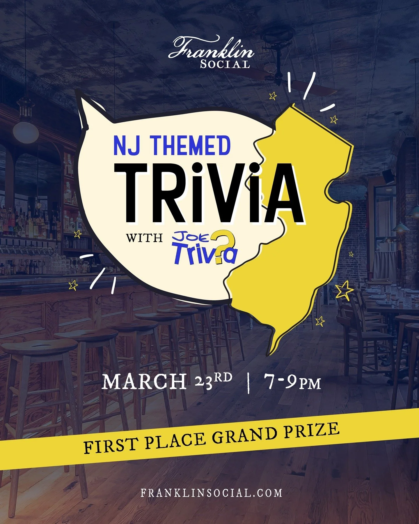 Join us Monday, March 23rd at 7PM for NJ Themed Trivia Night with @joetrivia.
Rep your Jersey best and come ready to win! 🏆