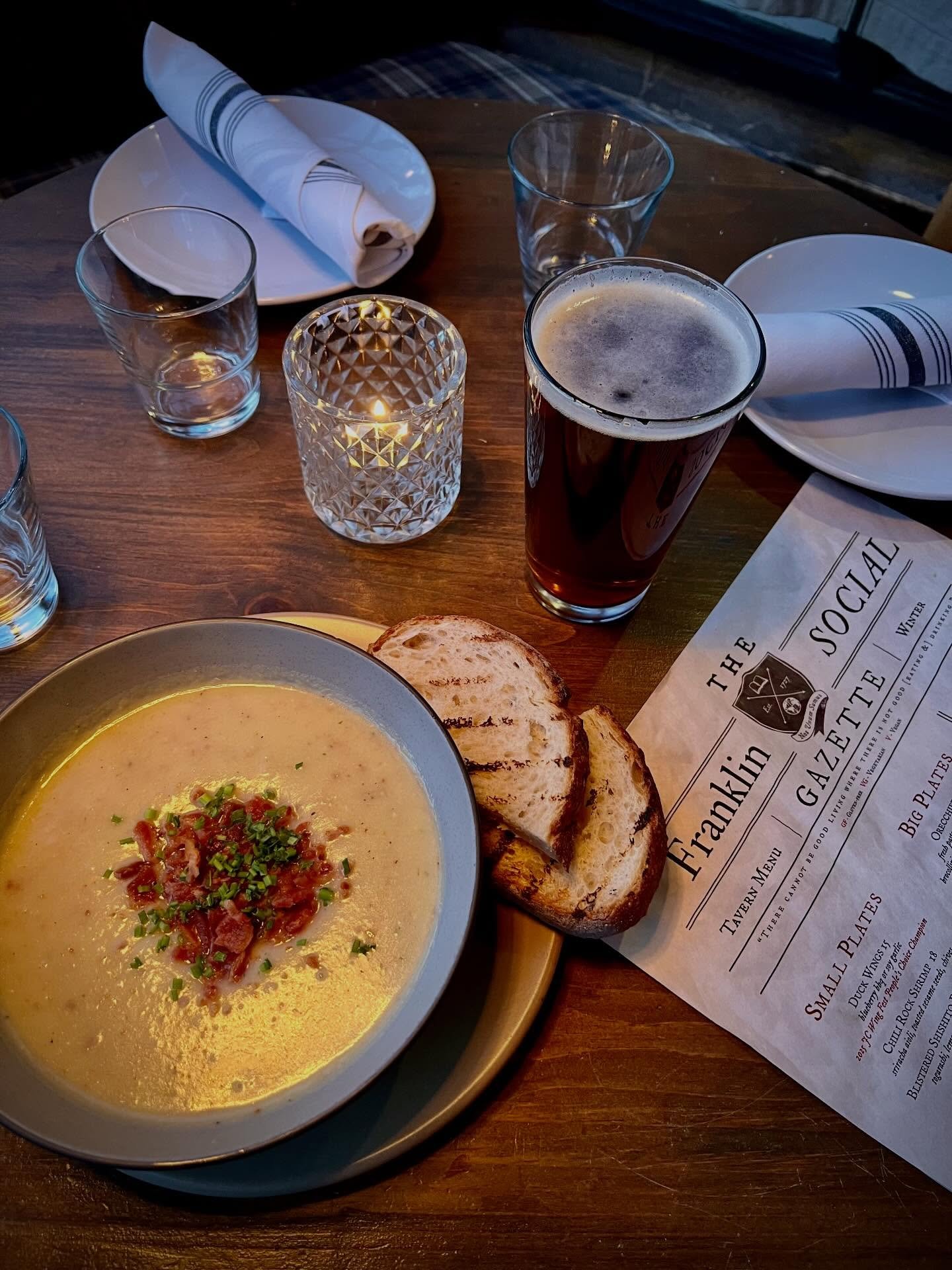 Beat the storm and join us at Franklin Social tonight for our Restaurant Week specials. Warm up with our potato leek soup. Snowed in tomorrow, so dine out tonight. 

#JerseyCityEats #RestaurantWeek #SoupSeason #DiningOut