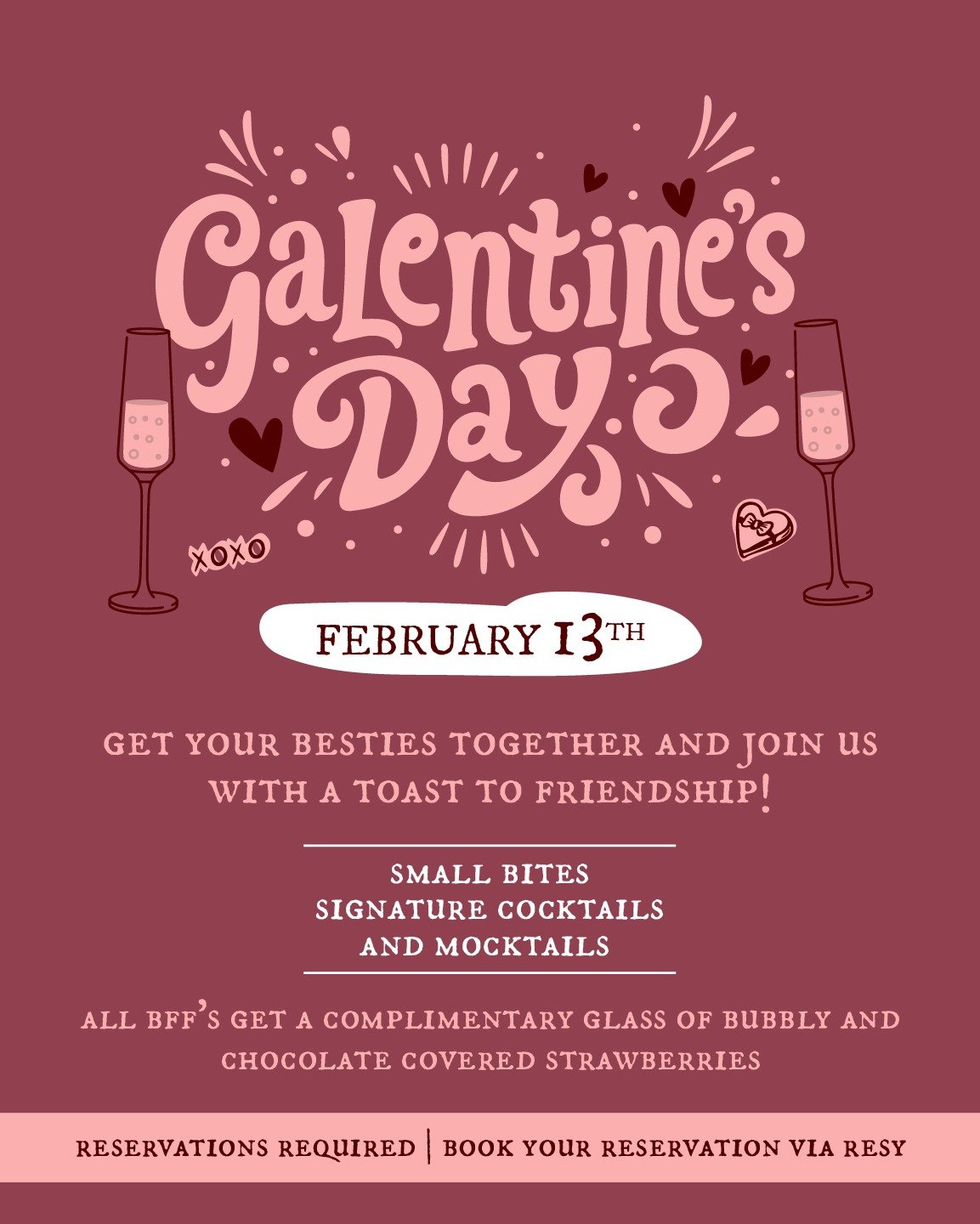Gather your girls and toast to friendship 🥂💕

Celebrate Galentine&rsquo;s Day at Franklin Social on February 13th with small bites, signature cocktails &amp; mocktails. All besties receive a complimentary glass of prosecco and chocolate-covered str