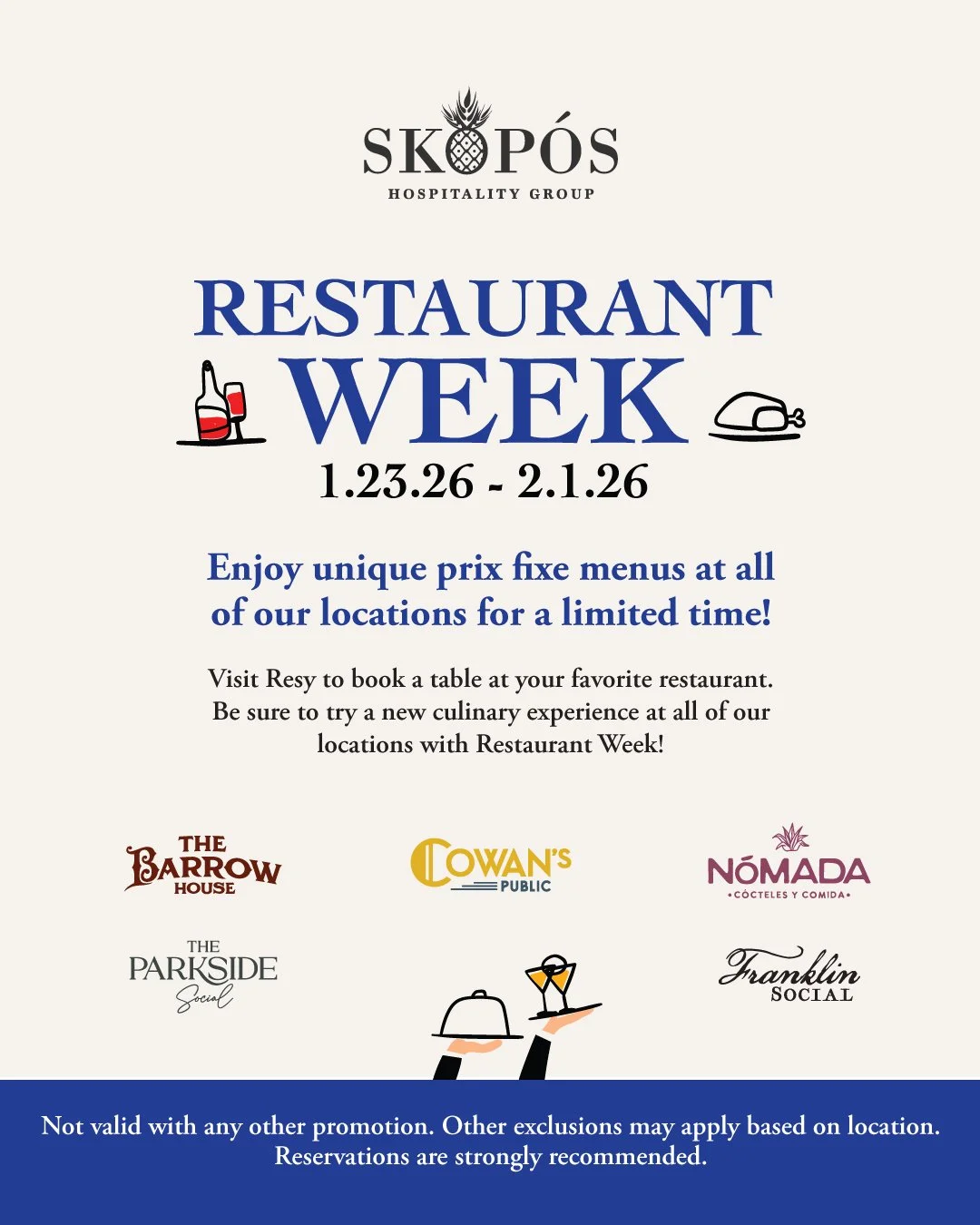 Restaurant Week starts today. Join us January 23 &ndash; February 1 for exclusive prix fixe menus at all of our locations featuring your choice of one appetizer, one entr&eacute;e, and one dessert from our curated selections. Dinner prix fixe menus a