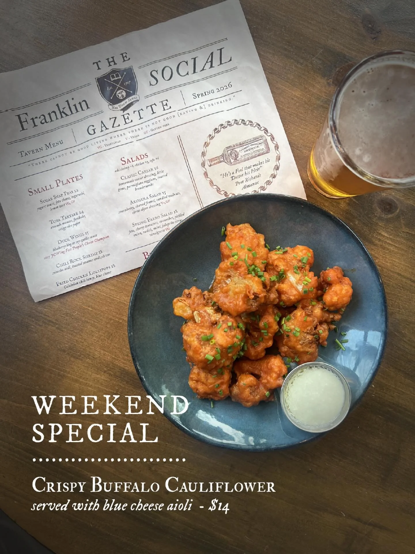 Crispy, bold, and bringing the heat 🔥

Our weekend special: Buffalo Cauliflower with blue cheese aioli for the perfect cool-down.

Only at Franklin Social&mdash;this weekend only.