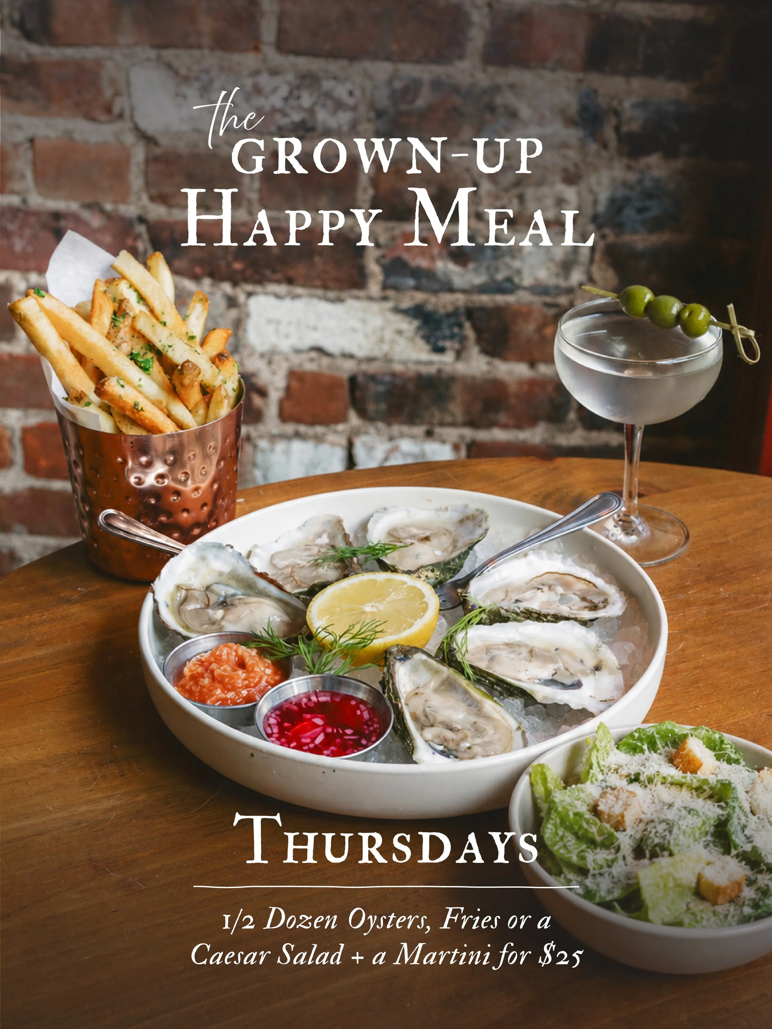 The Thursday Weekly Special at Franklin Social: Shucked &amp; Stirred.

Every Thursday, enjoy &frac12; dozen oysters + fries or Caesar salad + a martini for $25.

The happiest meal in Jersey City.