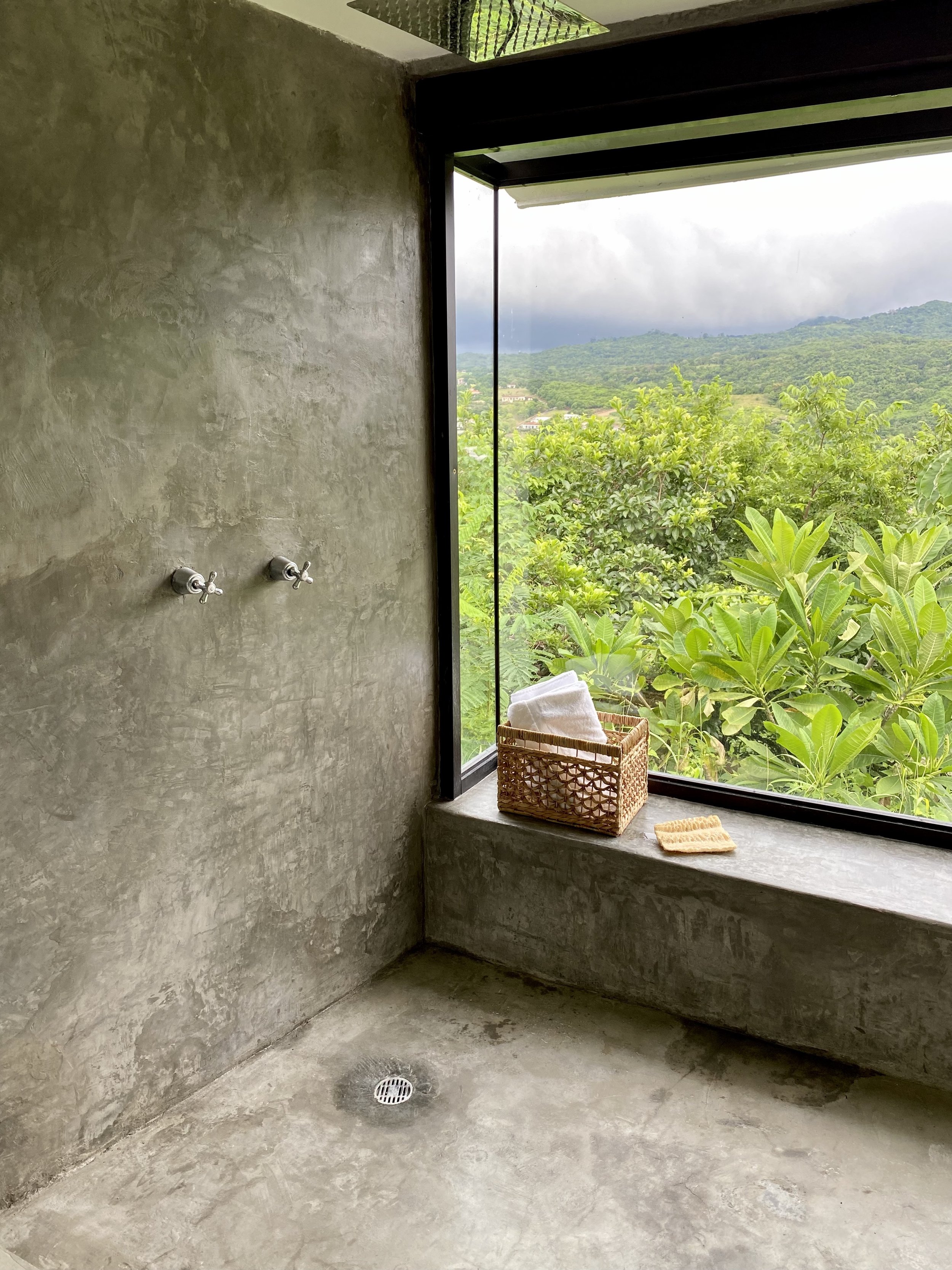 The Queen Suite rainforest shower overlooking the mountains