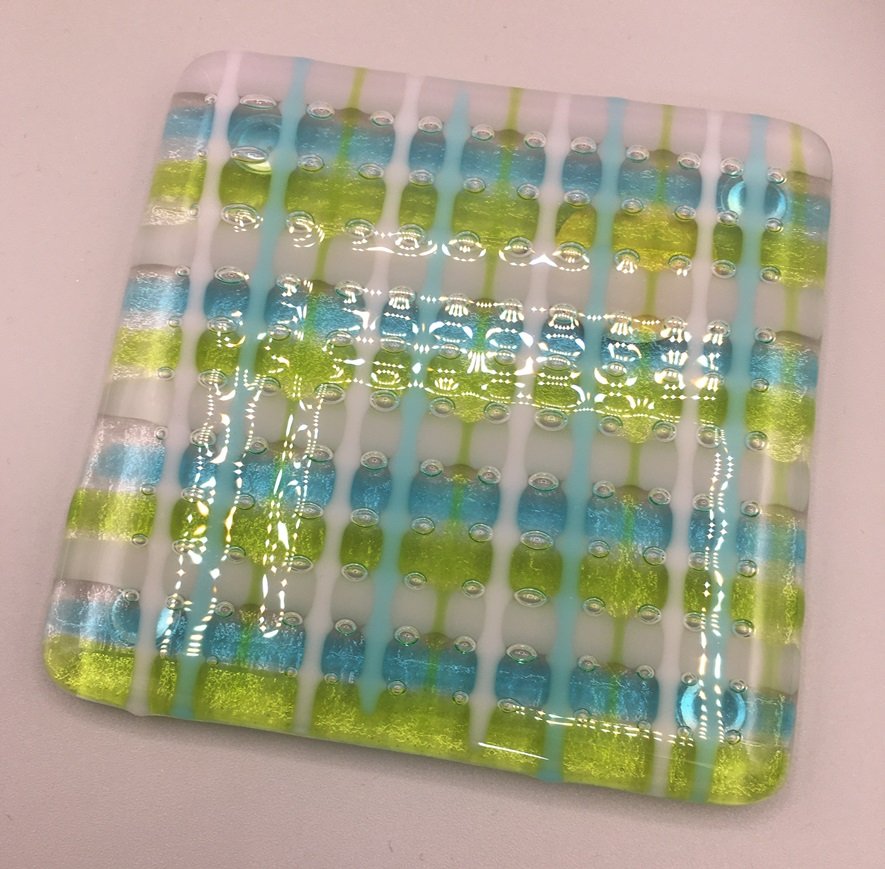 Turquoise-Lime-White Grid Coaster Fused Glass.JPG