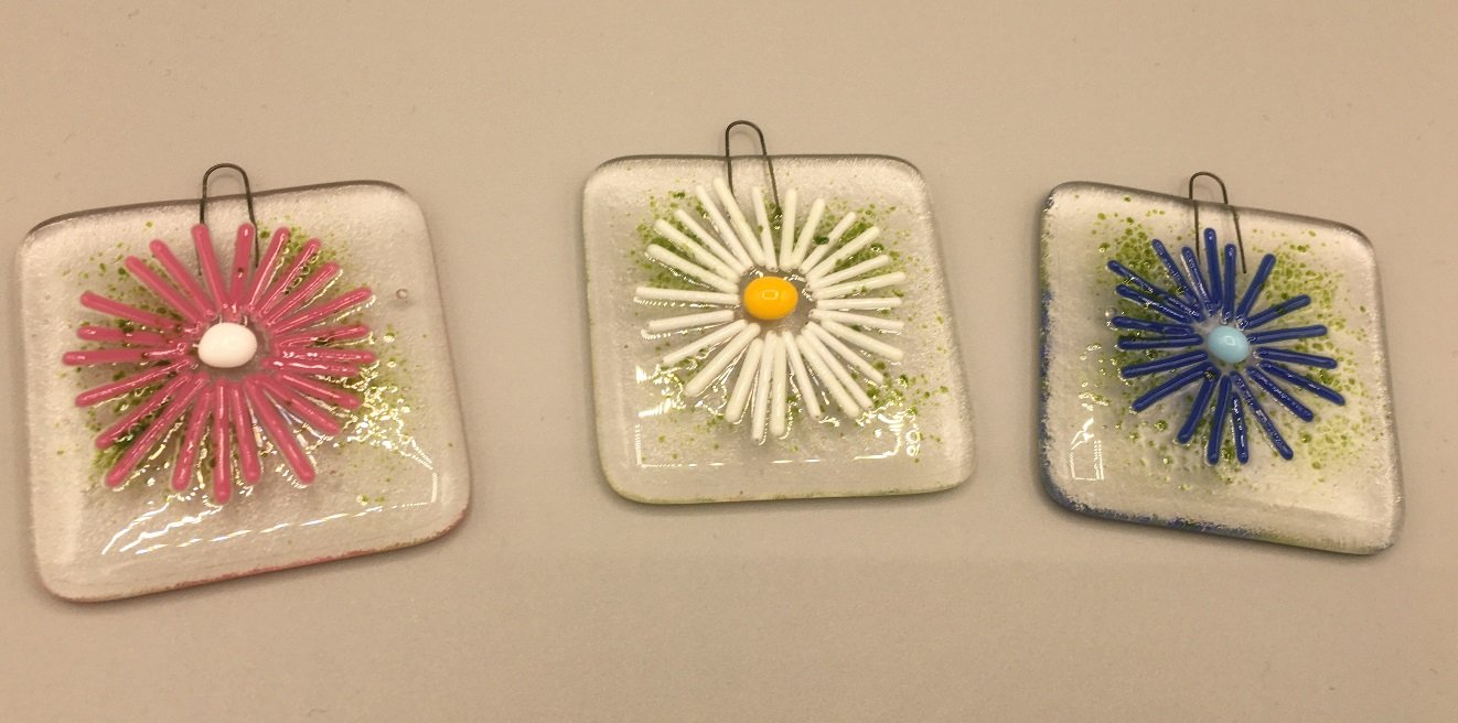 Three Daisy Flower Fused Glass Hangers.JPG