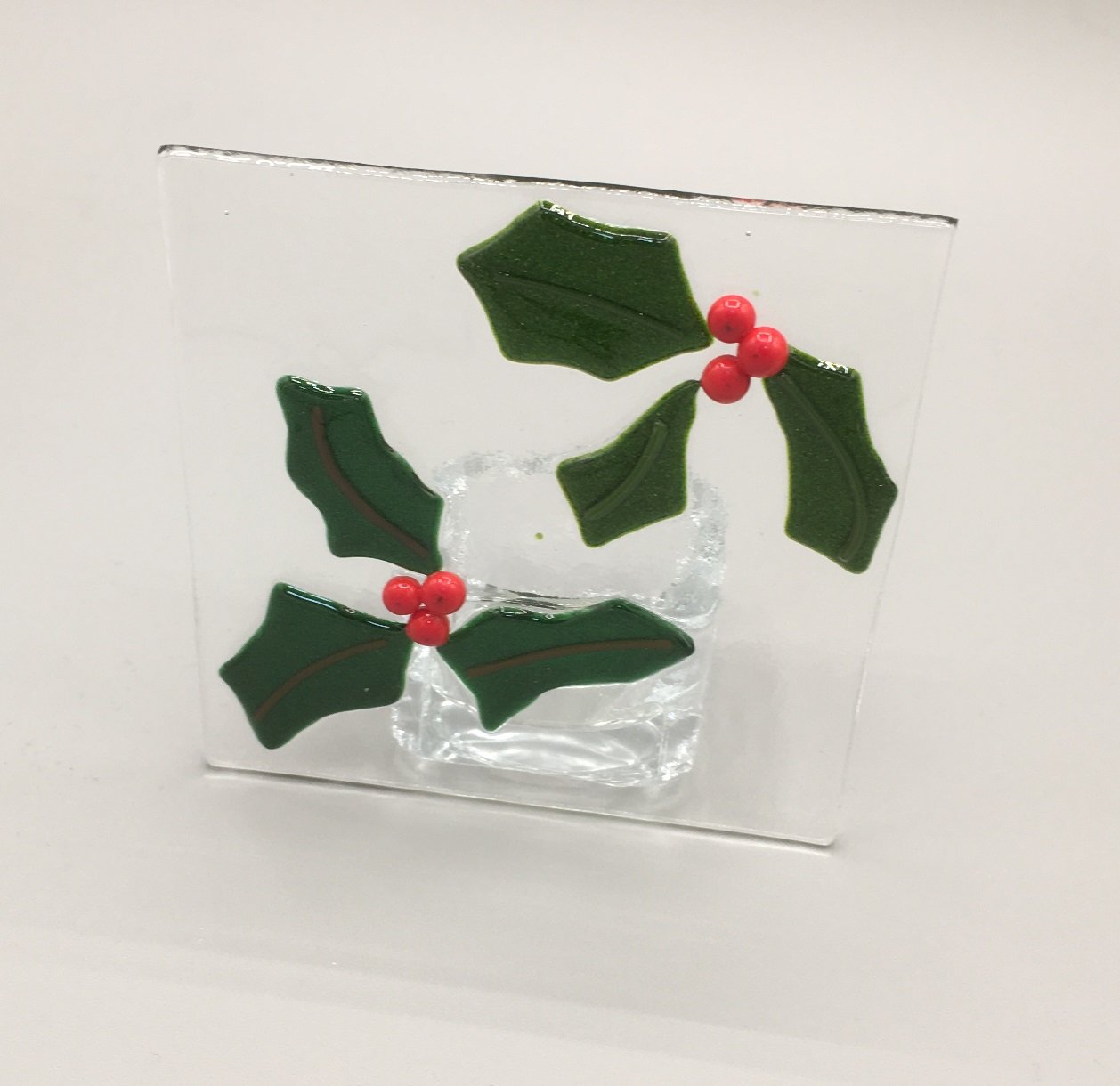 Holly Leaves and Berries Fused Glass Tealight.JPG