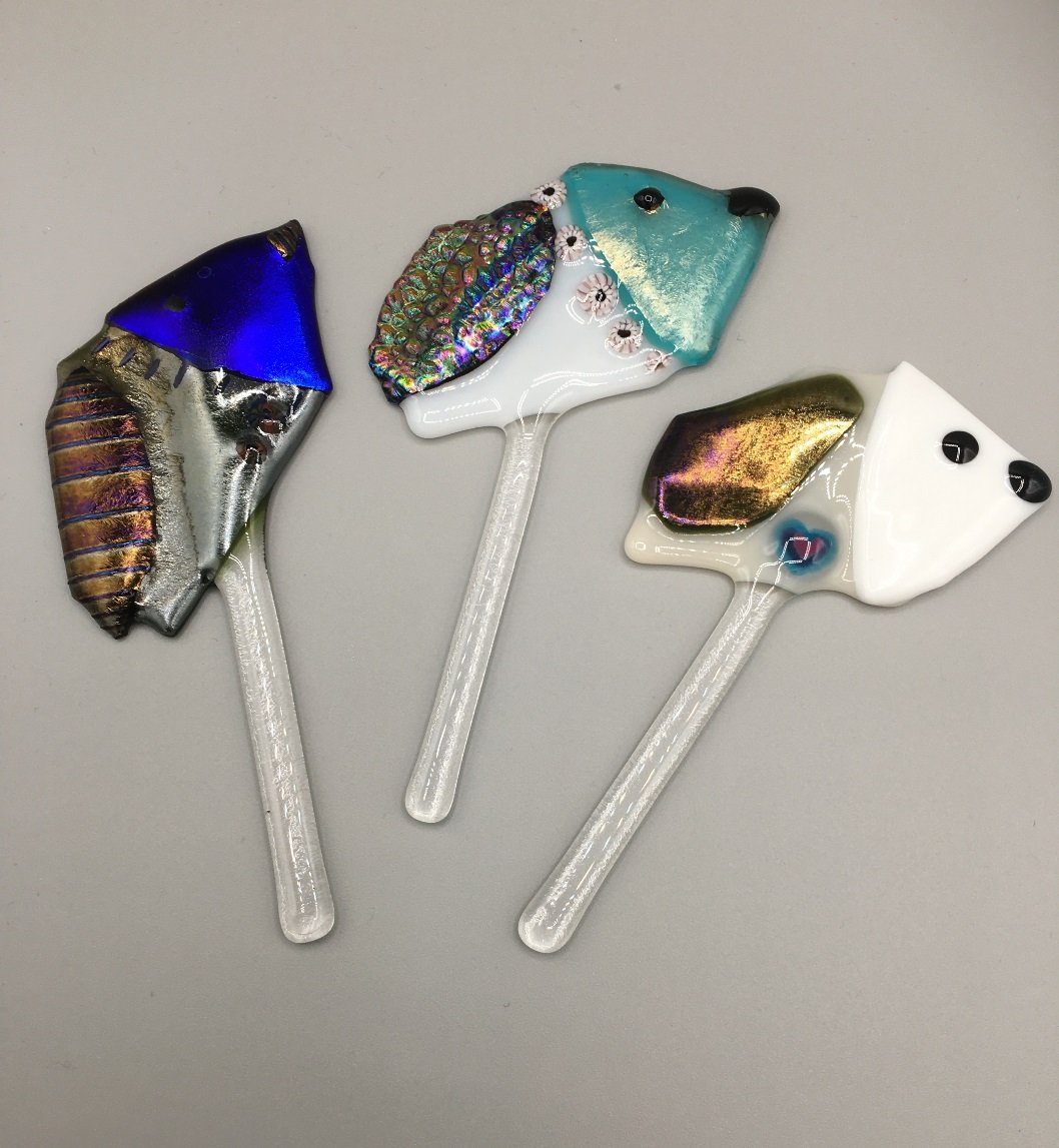 Three Bird Stakes with Dichroic Fused Glass.JPG