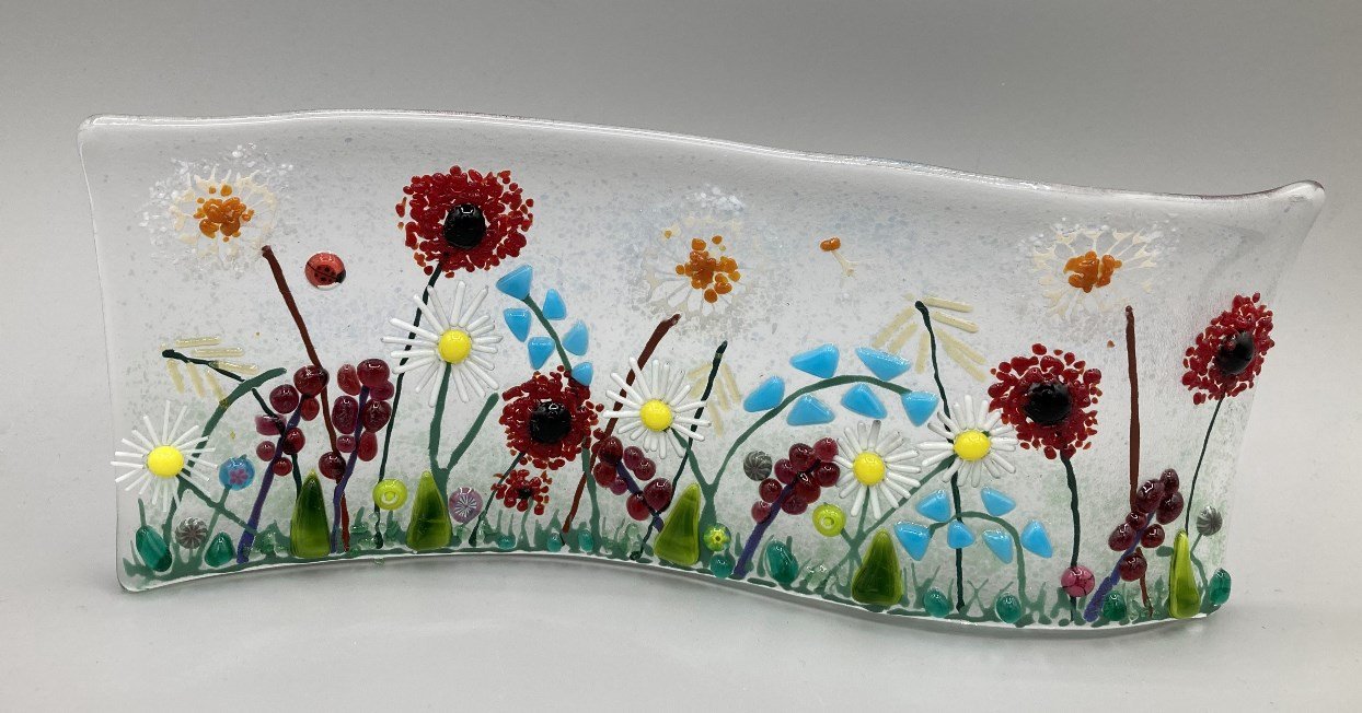 Flowerscape Wave Dk Red, Blue & Daisies Fused Glass made by client 2.jpg