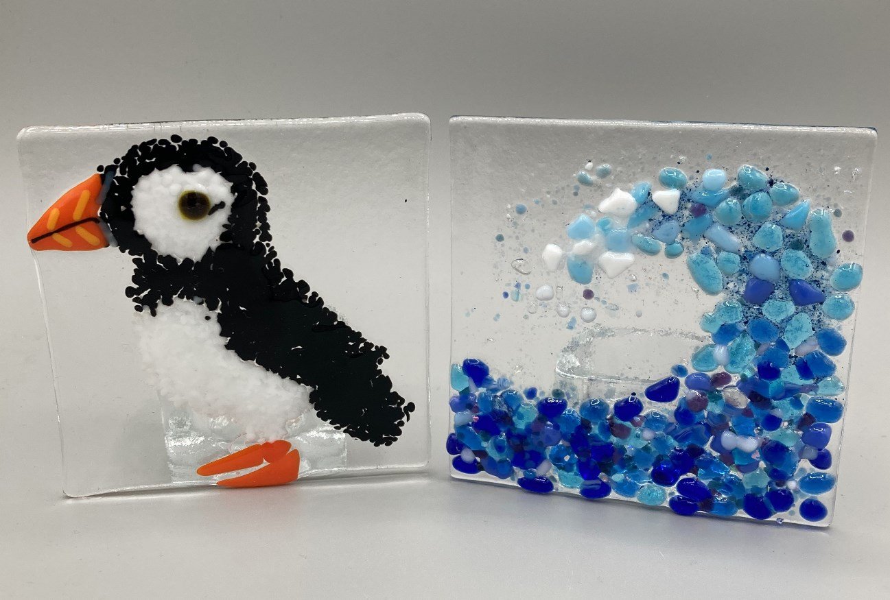 Puffin & Wave Tealights Fused Glass made by client.jpg