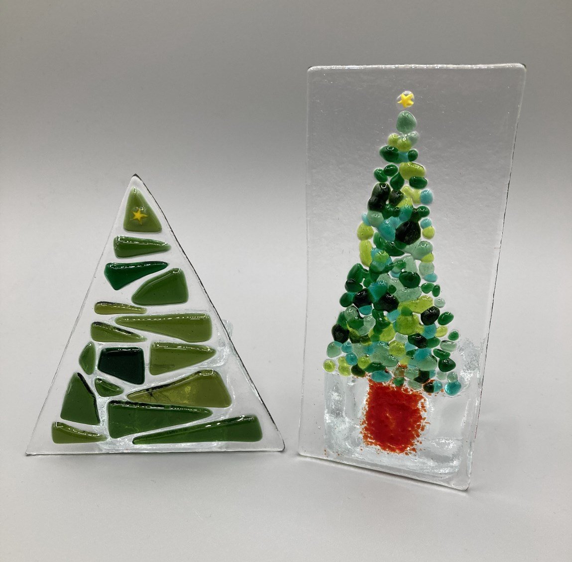 Two Xmas Tree Tealights Fused glass made by client.jpg