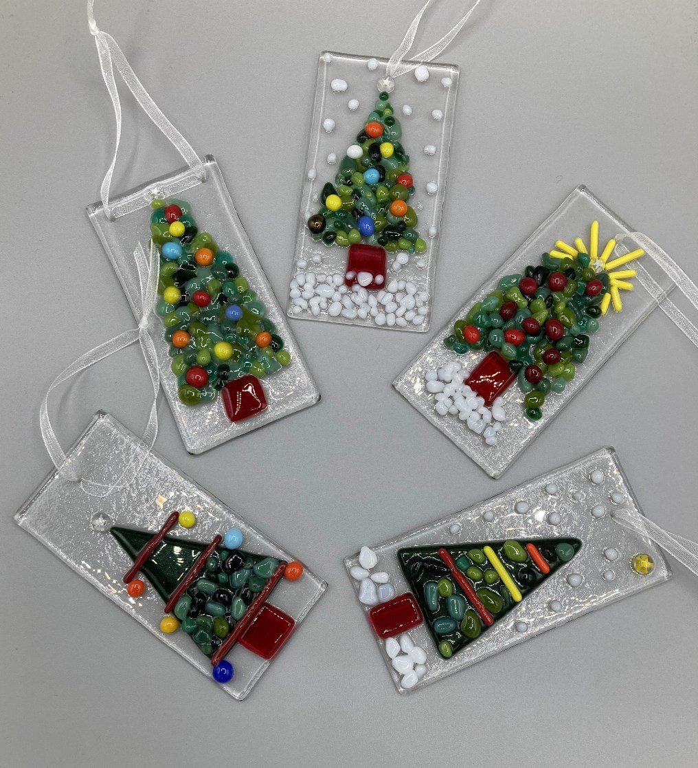 Five Colourful Xmas Tree Hangers Fused Glass made by client.jpg