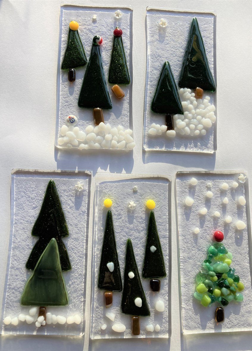 Five Xmas Tree Hangers with Snow Fused Glass made by client.jpg
