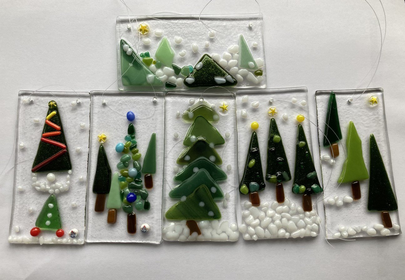 Six Mini Xmas Tree Hangers Fused Glass made by client.jpg