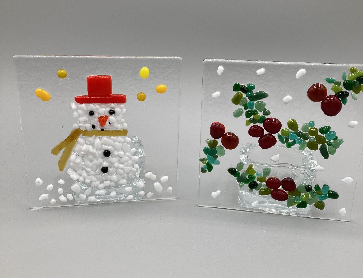 Snowman & Holly Wreath Mini Tealights Fused Glass made by client.jpg