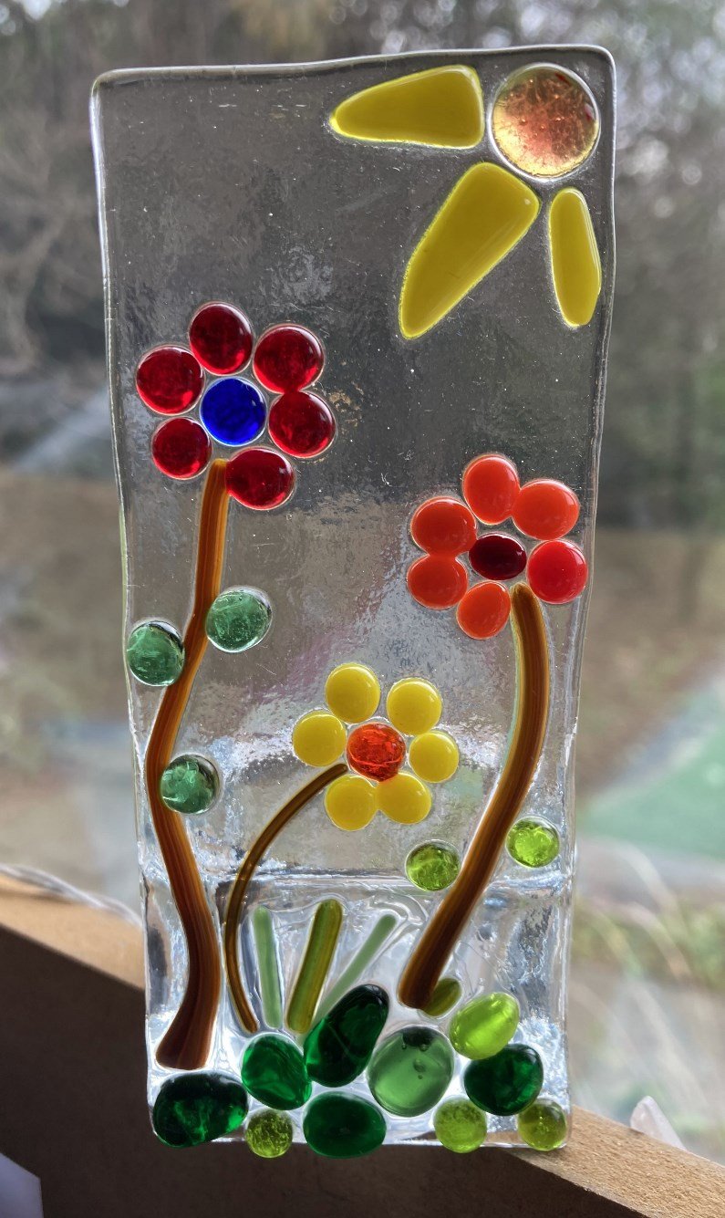 Three Flowers & Sun Tealight Fused Glass made by client.jpg