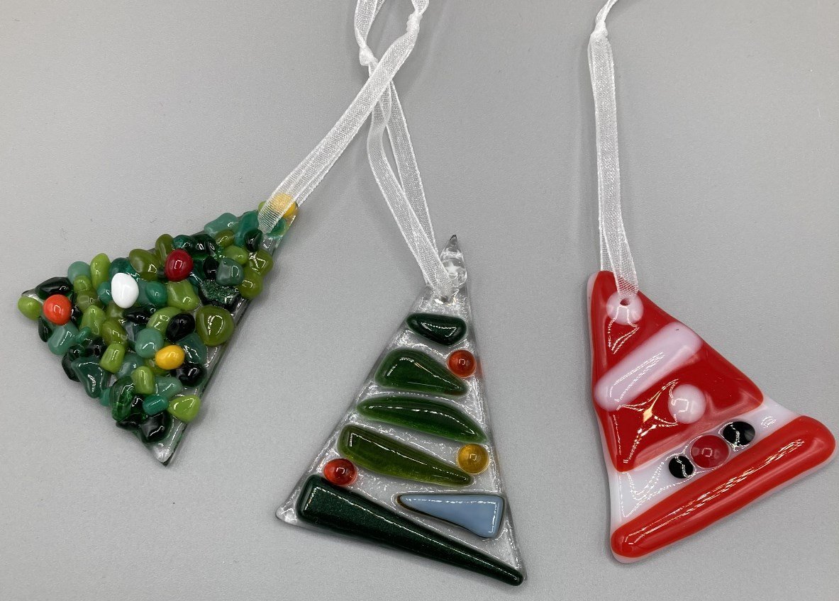 Three Mini Xmas Tree Hangers Fused Glass made by client.jpg