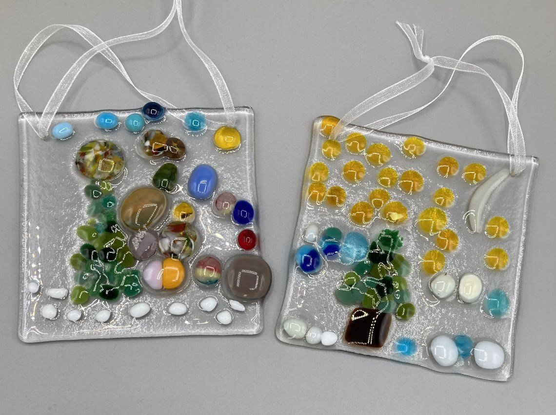 Two Mini Tree Hangers Fused Glass made by client.jpg