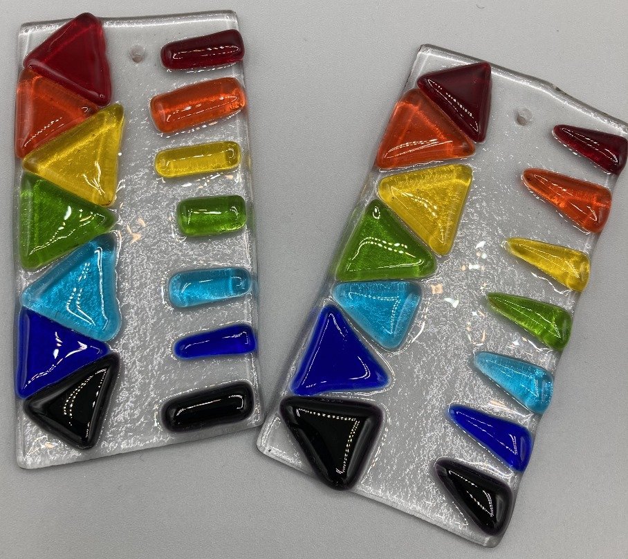 Two Abstract Rainbow Plaques Fused Glass.jpg