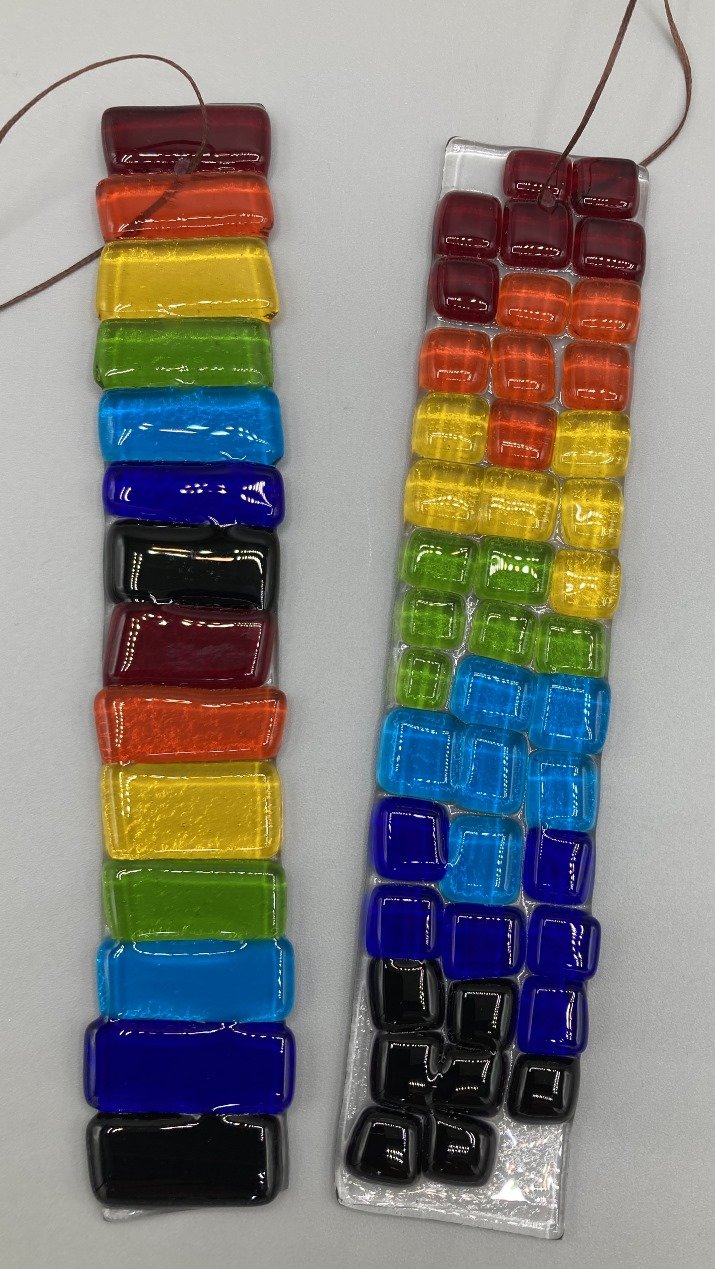 Two Long Rainbow Stripe-Pixel Hangers Fused Glass.jpg